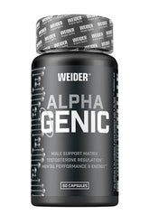 Weider Alpha Genic supplement bottle, 60 capsules for male performance support and testosterone regulation.